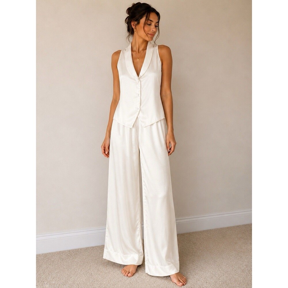 Victoria’s Secret Vintage Satin Pajama Set Large 2-Piece Ivory Pants Top